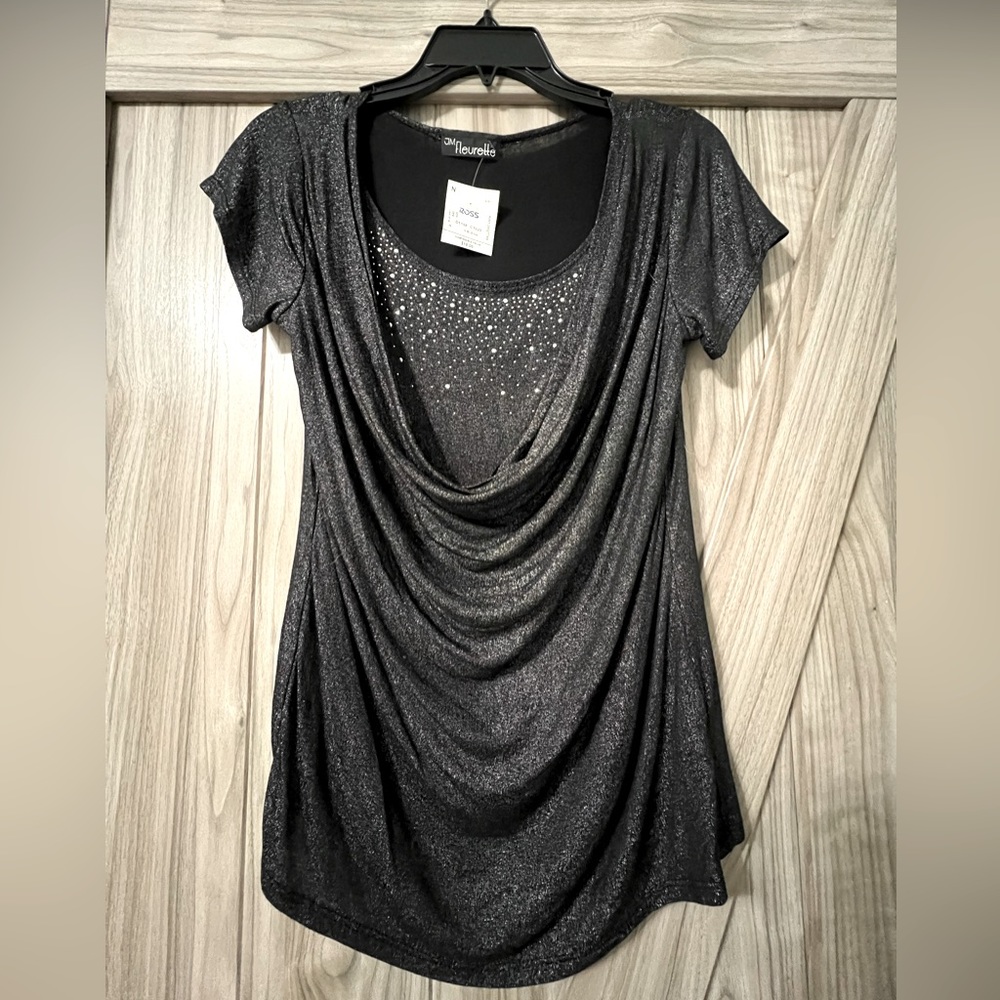 Drape Neck Top with Rhinestones by JM Fluerette Sz S NWT